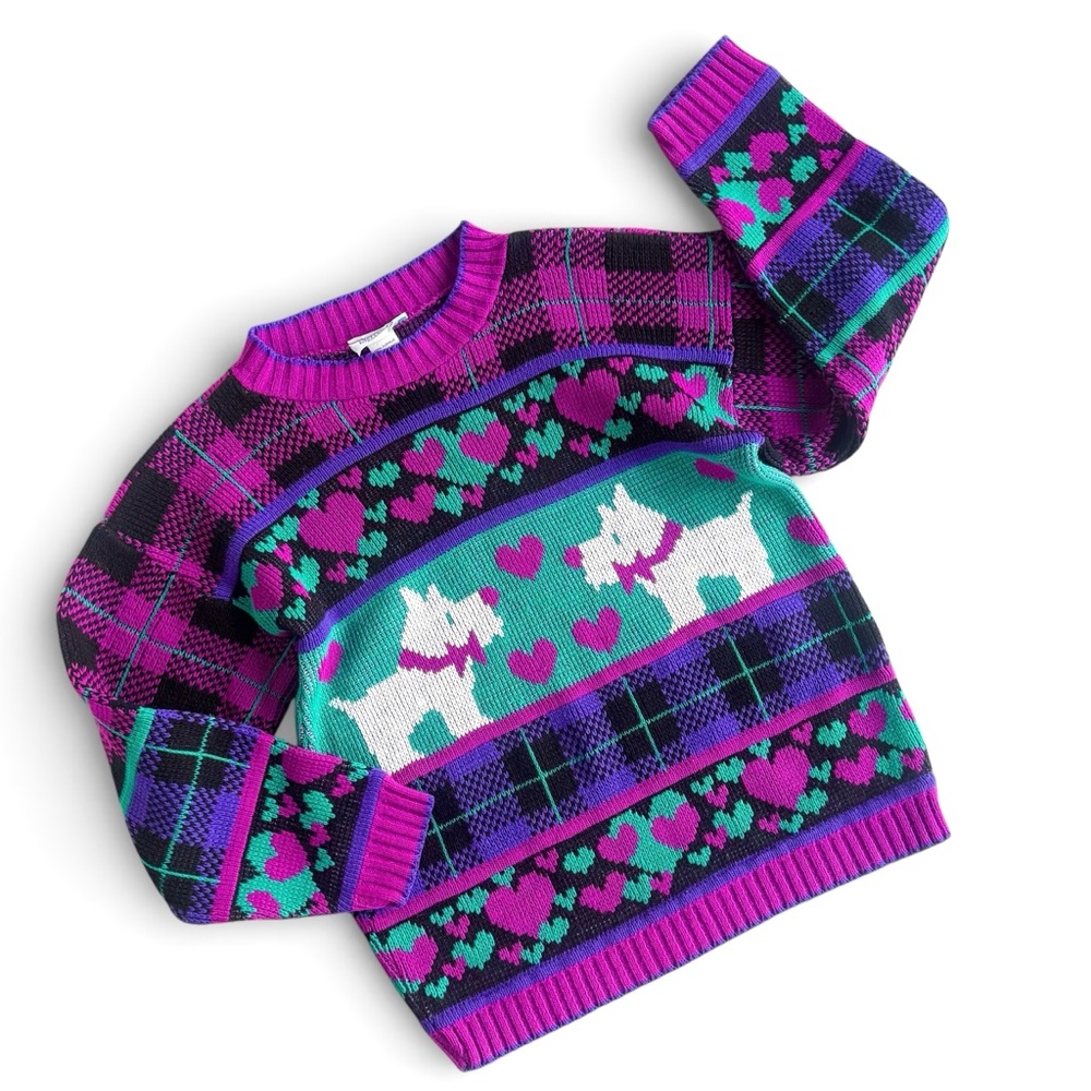 Vintage 80s Purple Green Scottie Dog Knit Sweater Hearts Plaid Girls 10-12 - Picture 3 of 11